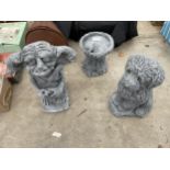 THREE CONCRETE GARDEN FIGURES TO INCLUDE DOBBY AND A DOG ETC