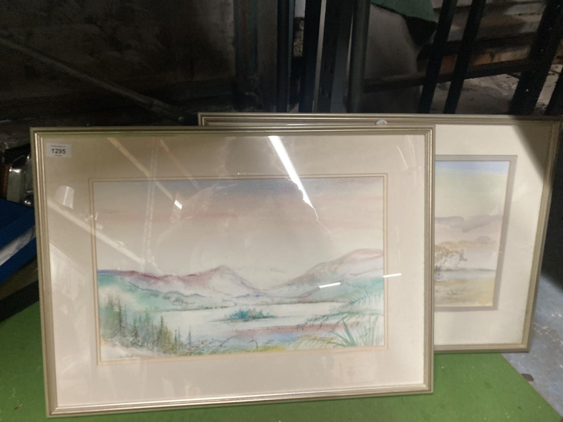 TWO FRAMED WATERCOLOURS OF MOUNTAIN AND LAKELAND SCENES SIGNED JOHN SHOOTE