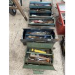 THREE METAL TOOL BOXES WITH AN ASSORTMENT OF TOOLS TO INCLUDE HAMMERS, MOLE GRIPS AND CHISELS ETC