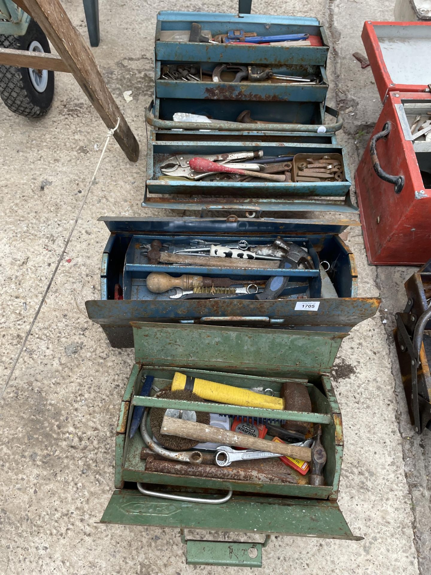 THREE METAL TOOL BOXES WITH AN ASSORTMENT OF TOOLS TO INCLUDE HAMMERS, MOLE GRIPS AND CHISELS ETC