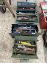 THREE METAL TOOL BOXES WITH AN ASSORTMENT OF TOOLS TO INCLUDE HAMMERS, MOLE GRIPS AND CHISELS ETC