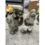 AN ASSORTMENT OF CONCRETE GARDEN ORNAMENTS TO INCLUDE A DOG AND A RABBIT ETC