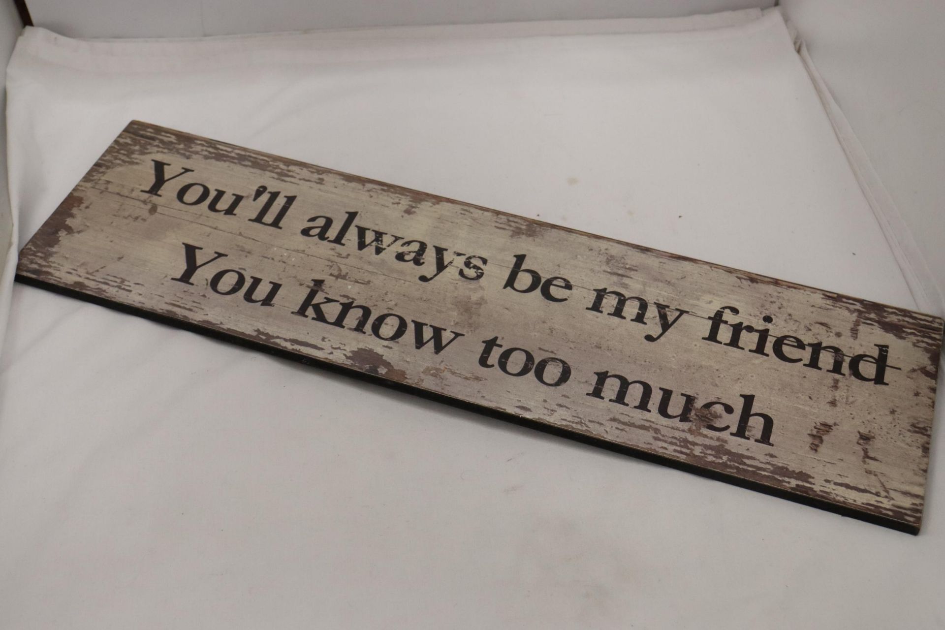 A WOODEN SIGN "YOU'LL ALWAYS BE MY FRIEND YOU KNOW TOO MUCH" 24x7"