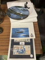 A FRAMED NICK FALDO FIVE POUND NOTE AND A LIMITED EDITION DAM BUSTERS PLATE WITH COA