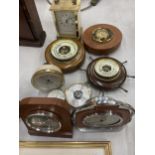 A COLLECTION OF SMALL BAROMETERS PLUS A BRASS CARRIAGE CLOCK