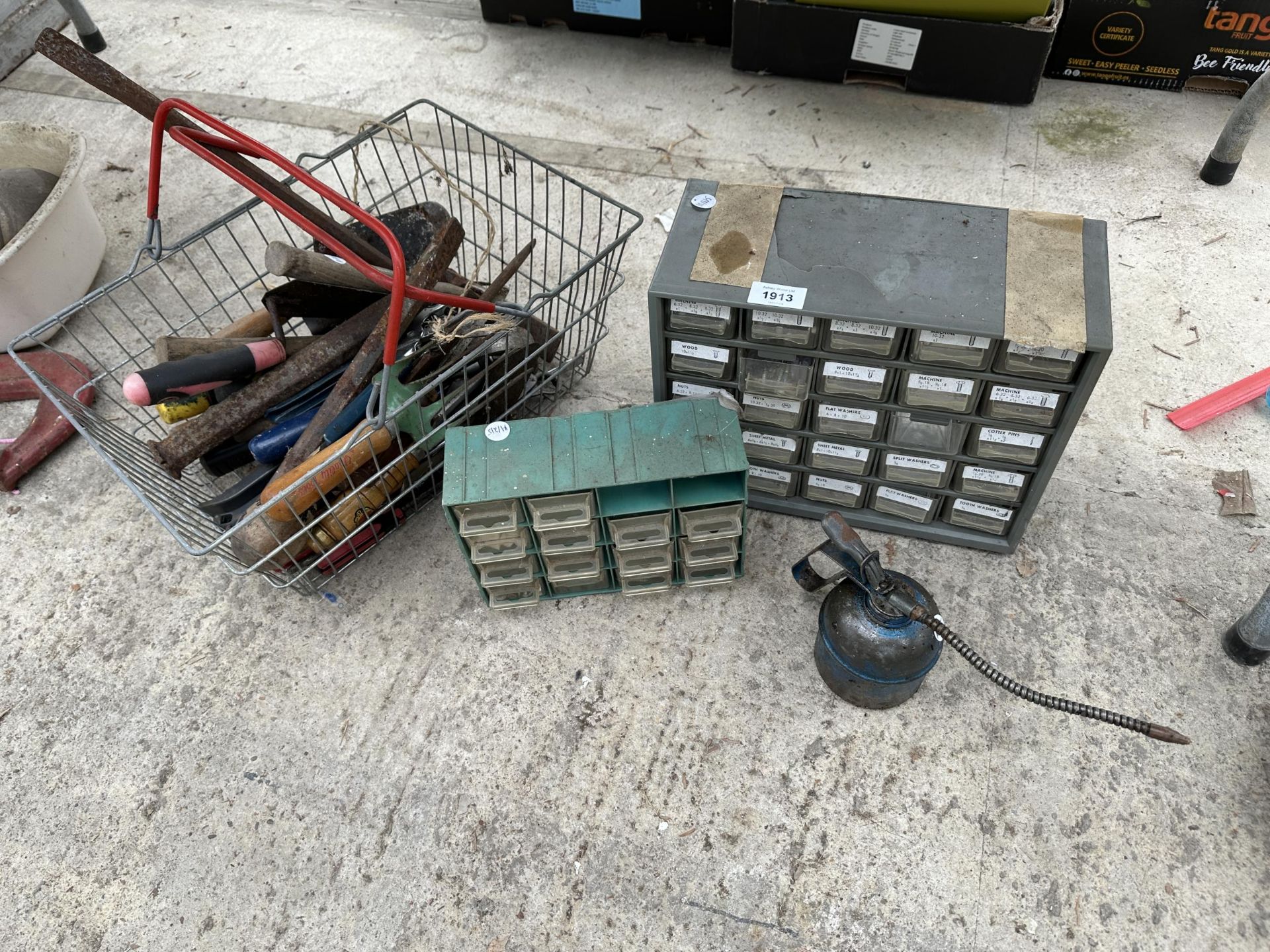 AN ASSORTMENT OF TOOLS TO INCLUDE AN OIL CAN, CHISELS AND HARD WARE CHESTS ETC