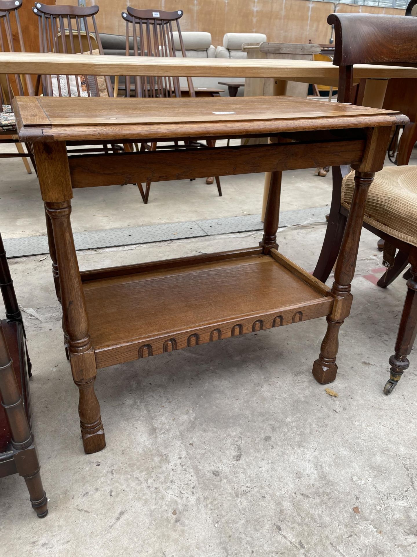 A MID 20TH CENTURY OAK TWO TIER TROLLEY ( LACKING CASTERS) - Image 2 of 2