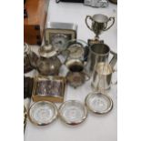 A QUANTITY OF SILVER PLATED ITEMS TO INCLUDE A TEAPOT, TANKARDS, A TROPHY, HIP FLASK, CLOCKS, ETC