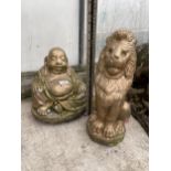 TWO GILT PAINTED CONCRETE GARDEN FIGURES TO INCLUDE A BUDDHA AND A LION