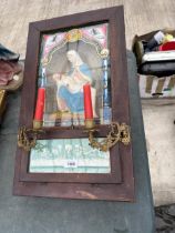 A PINE RELIGIOUS ICON PRAY CABINET WITH STEEL CANDLE HOLDERS