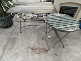 TWO WOODEN SLATTED GARDEN TABLES WITH METAL BASES