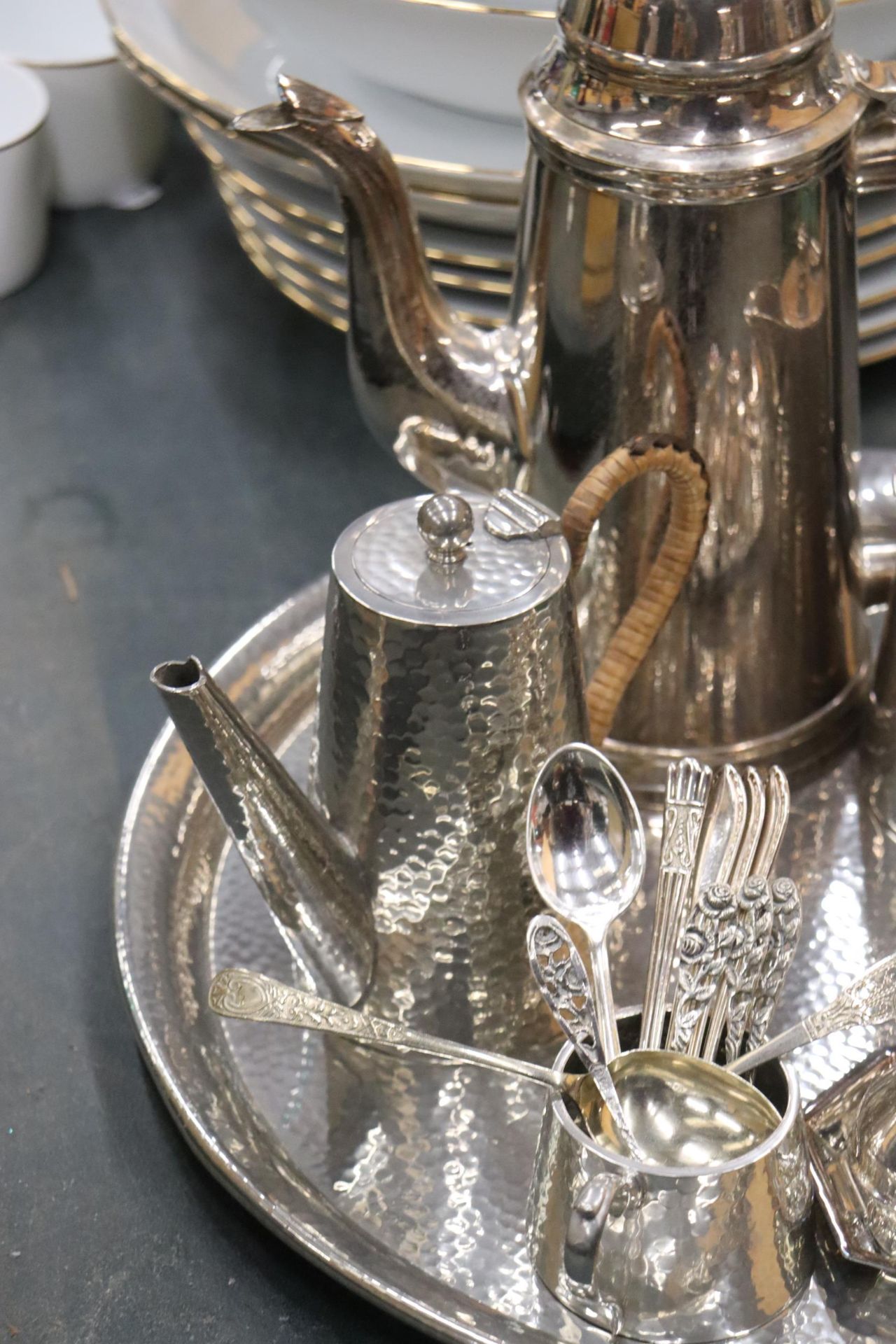 A PEWTER TRAY, COFFEE POT AND HOT WATER JUG, PLUS A SILVER PLATED COFFEE POT, CRUET SET, MUSTARD - Image 5 of 9