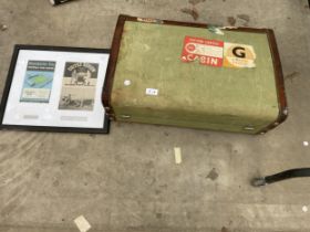 A VINTAGE TRAVEL CASE AND A FRAMED FOOTBALL PROGRAMME COVERS
