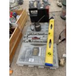 AN ASSORTMENT OF TOOLS TO INCLUDE ASOCKET SET, DRILL BIT SET AND A COMPRESSOR ETC