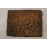 AN ANTIQUE GERMAN COPPER AND BRASS WALL PLAQUE, 20CM X 16CM