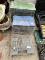 AN ASSORTMENT OF ITEMS TO INCLUDE A DRILL BIT SET AND TWO HARDWARE CHESTS WITH HARDWARE ETC
