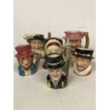 SIX CHARACTER JUGS TO INCLUDE ROYAL DOULTON BEEFEATER, ARAMIS, CATHERINE OF ARAGON, ETC.,