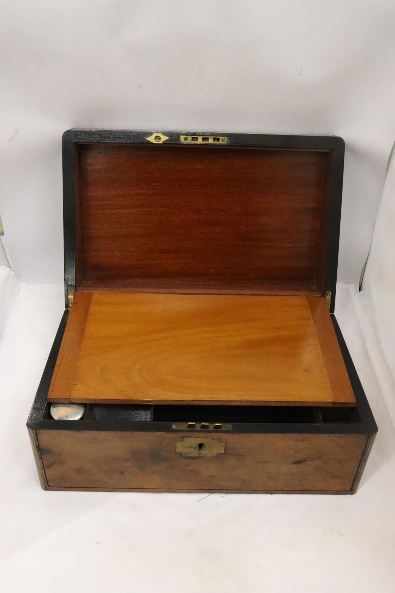 A BRASS BOUND WRITING BOX WITH SECRET DRAWERS, LEATHER TOOLED SLOPE WITH ONE INKWELL - Image 7 of 8