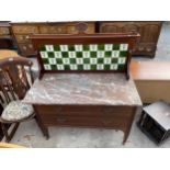 A VICTORIAN SATINWOOD MARBLE TOP WASHSTAND WITH TILED BACK AND TWO LONG DRAWERS 42" WIDE