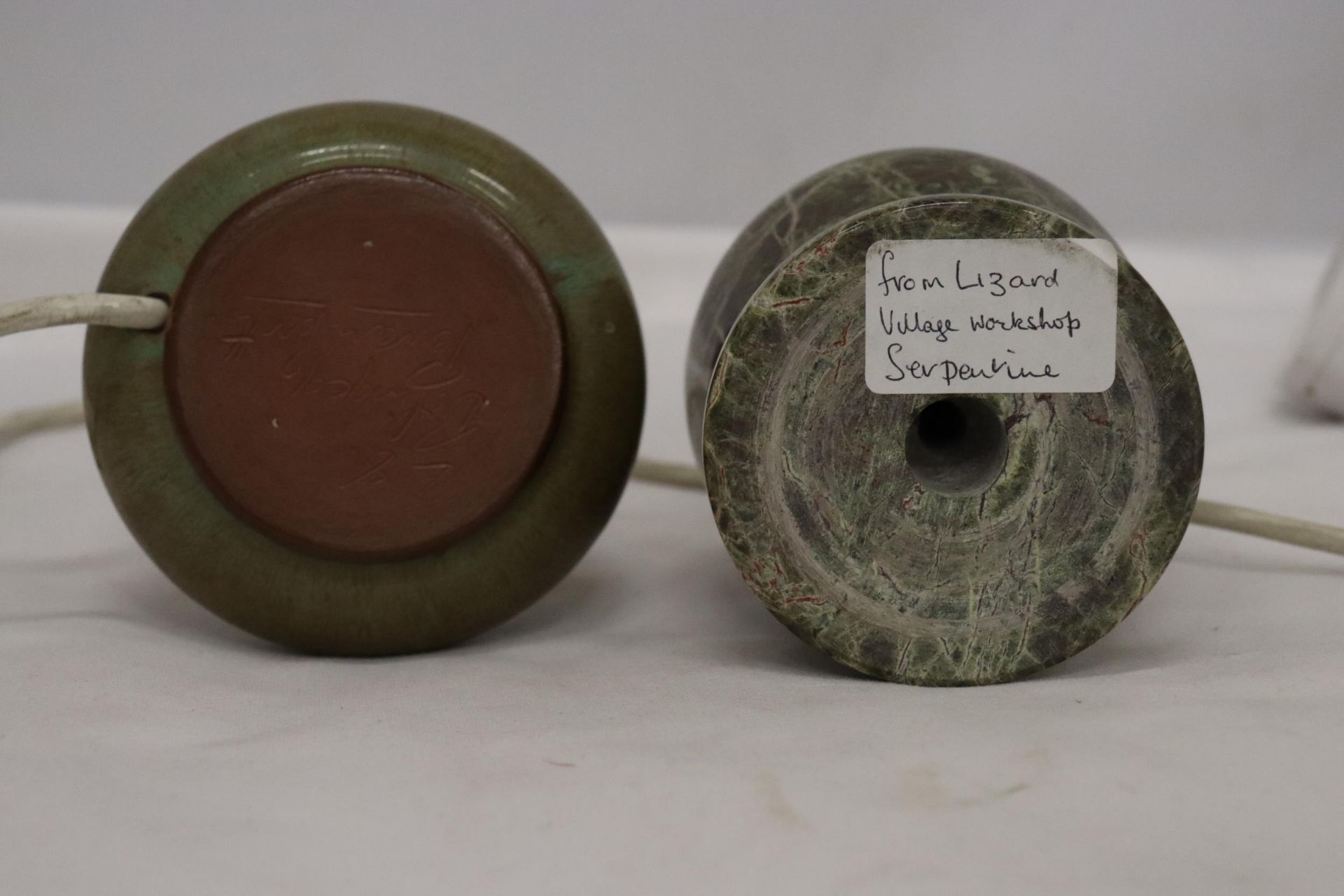 TWO STONEWARE LAMP BASES TO INCLUDE A VERY HEAVY ONE, BELIEVED TO BE MADE FROM CORNISH SERPENTINE - Image 5 of 6