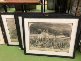 FOUR FRAMED BLACK AND WHITE PRINTS OF BATTLES