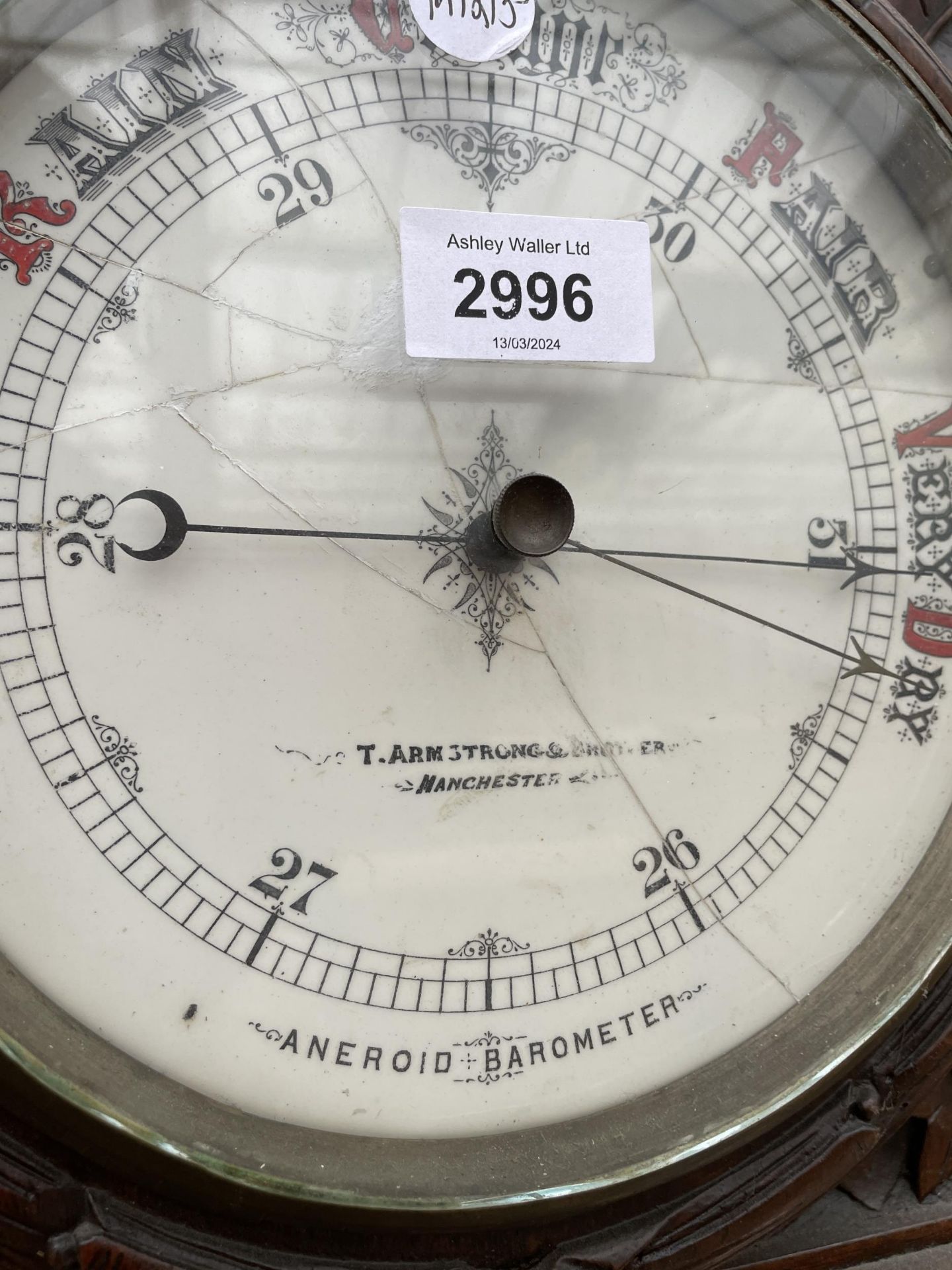 A VICTORIAN OAK ARMSTRONG OF MANCHESTER ANEROID BAROMETER - Image 3 of 3