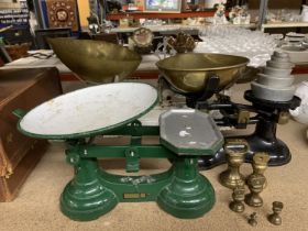 THREE VINTAGE CAST SCALES, WITH PANS AND WEIGHTS