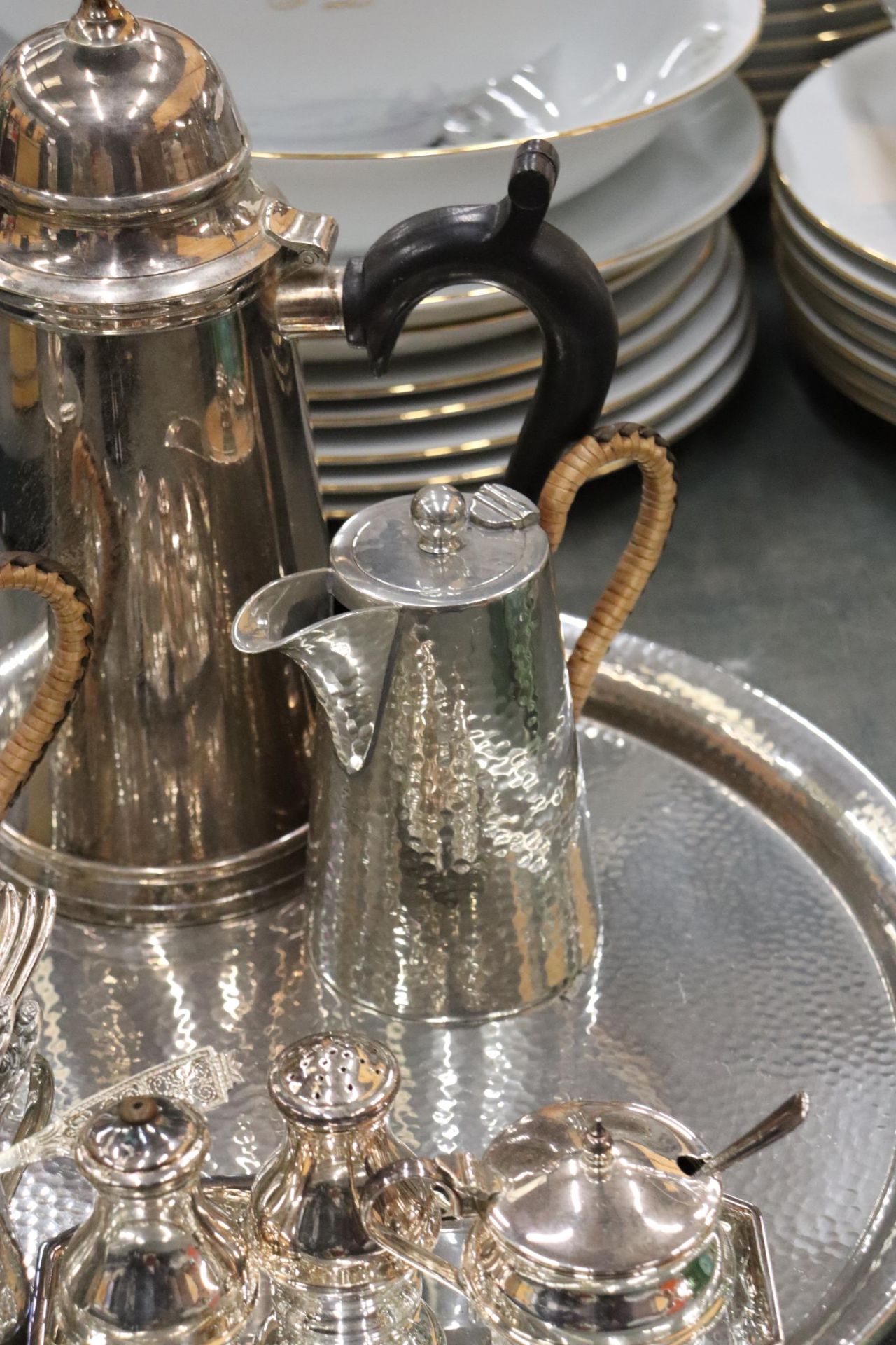 A PEWTER TRAY, COFFEE POT AND HOT WATER JUG, PLUS A SILVER PLATED COFFEE POT, CRUET SET, MUSTARD - Image 4 of 9