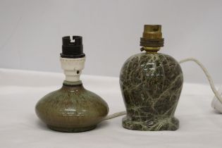 TWO STONEWARE LAMP BASES TO INCLUDE A VERY HEAVY ONE, BELIEVED TO BE MADE FROM CORNISH SERPENTINE
