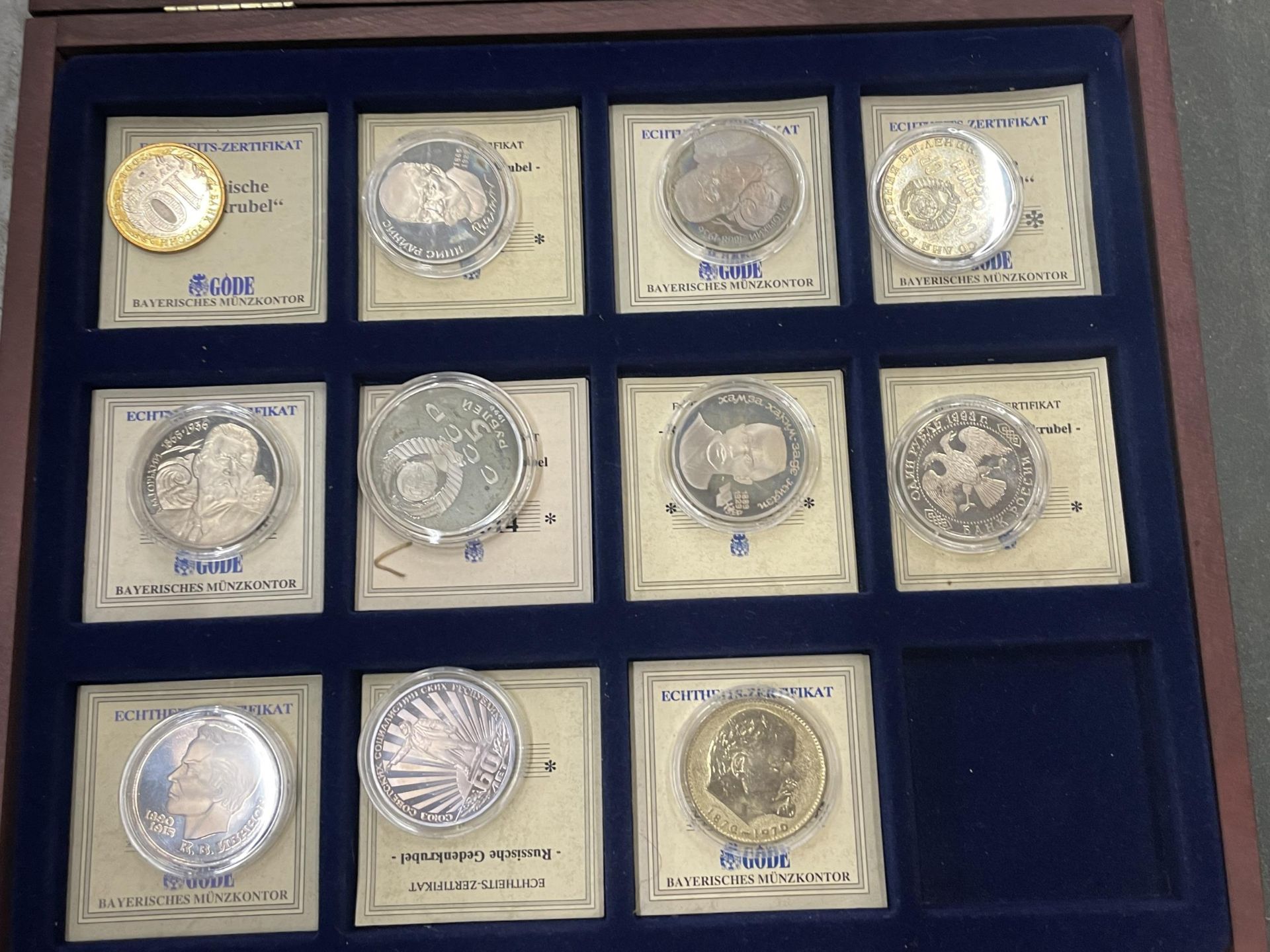 A COLLECTION OF RUSSIAN COINS IN CASES, HOUSED IN A DISPLAY CASE - 11 IN TOTAL - Image 2 of 2