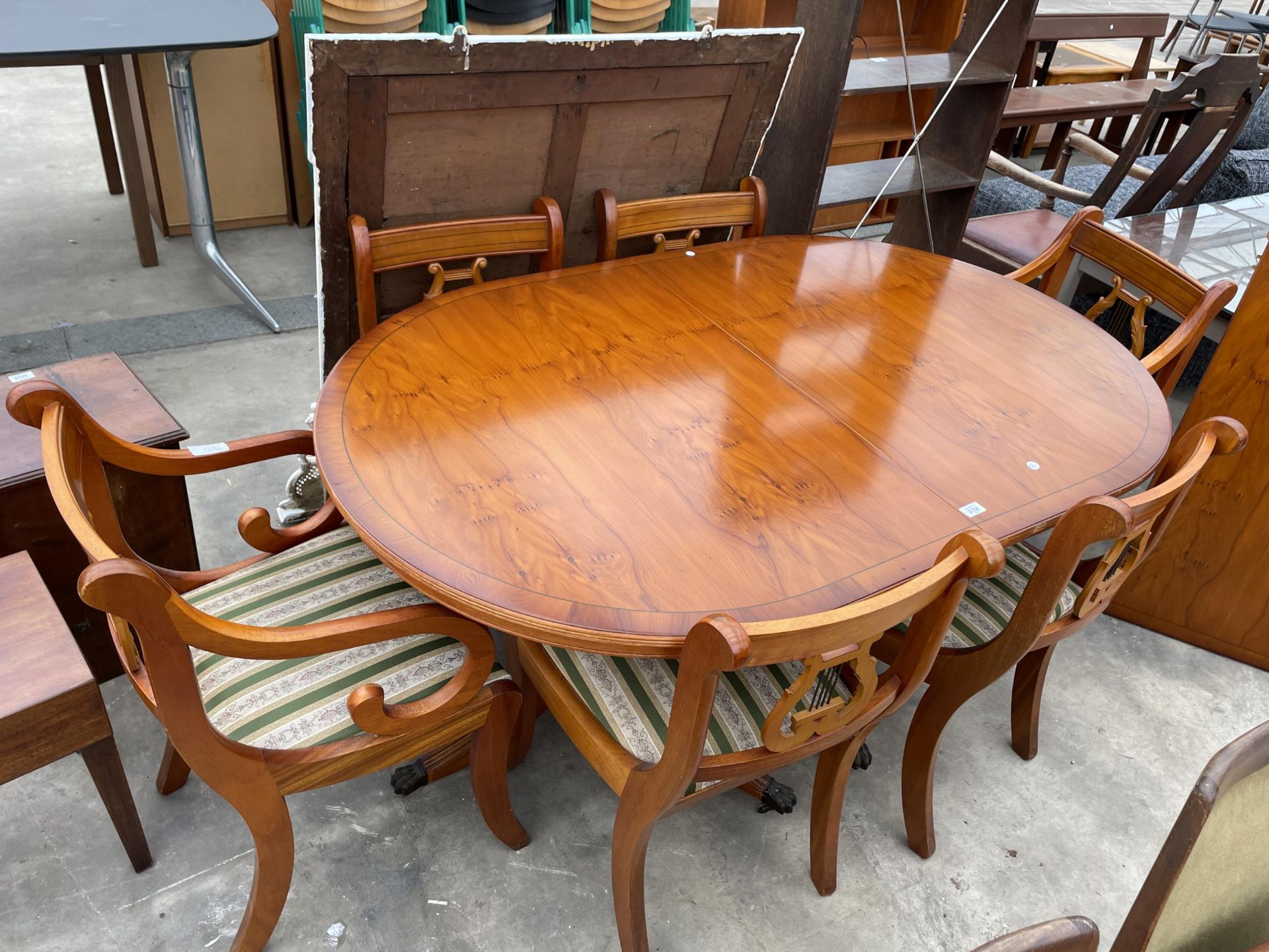 A YEW WOOD EXTENDING DINING TABLE 62" X 39" (LEAF 21.5") AND SIX LYRE BACK DINING CHAIRS ONE BEING A - Image 3 of 12