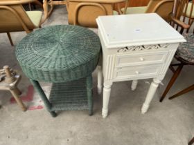 A WICKER TWO TIER OCCASIONAL TABLE AND WHITE PAINTED BEDSIDE TABLE