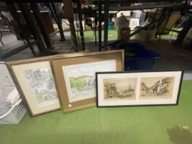 A FRAMED DUO OF PEN AND INK VINTAGE SCENES, SIGNED, A WATERCOLOUR, AND A LIMITED EDITION 15/850