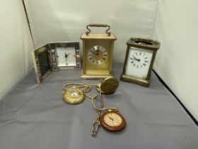 TWO CARRIAGE CLOCKS ONE WITH VISUAL ESCAPEMENT, A FURTHER MACINTOSCH STYLE CLOCK AND THREE POCKET