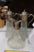 TWO VINTAGE CLARET JUGS WITH SILVER PLATED TOPS PLUS A BELL BOTTOM DECANTER MISSING FINIAL