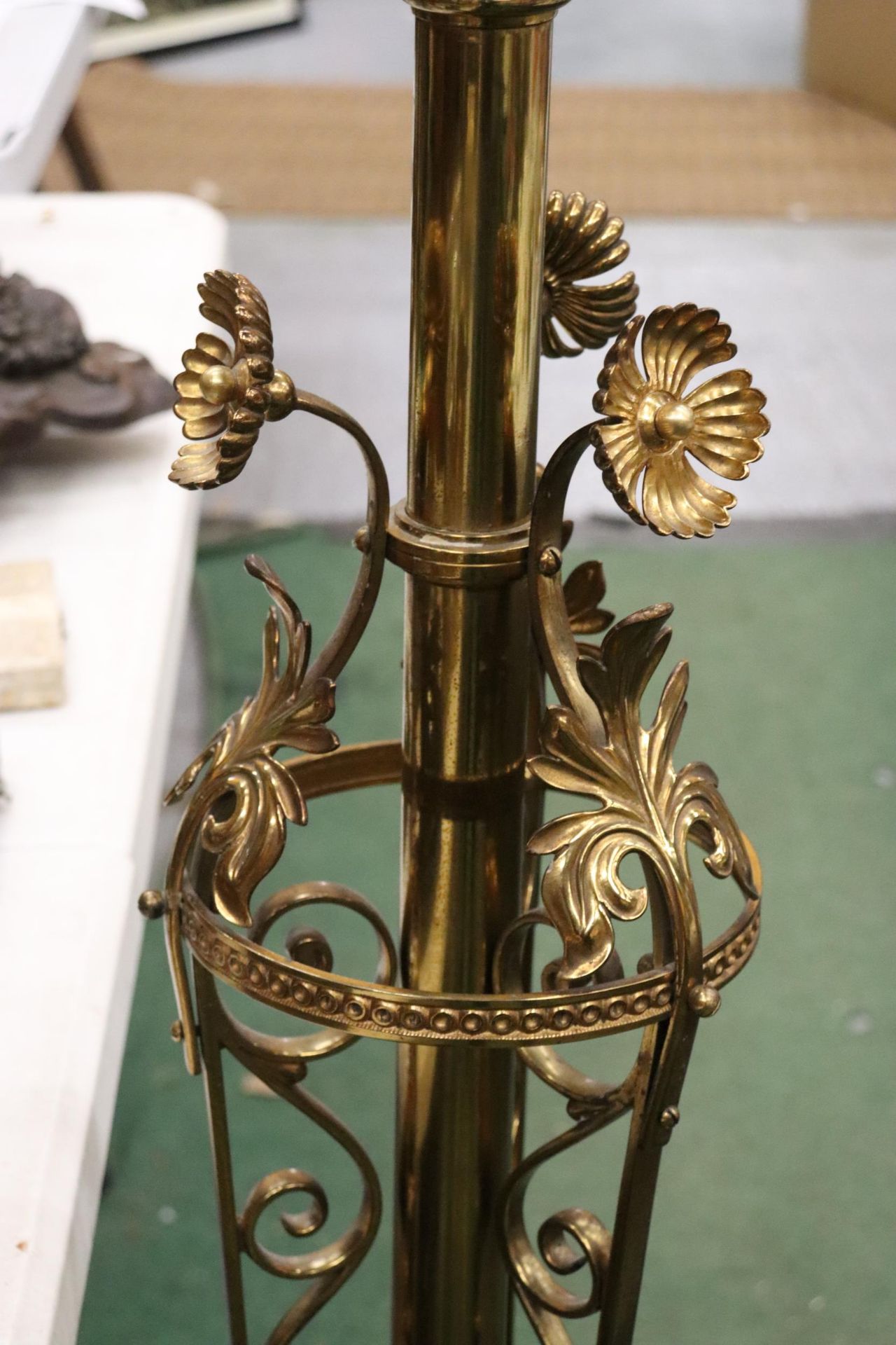 A FLOOR STANDING BRASS PUGIN STYLE CONVERTED CANDLESTICK WITH ORNAGE GLASS SHADE - Image 6 of 8