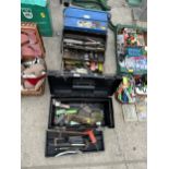 THREE TOOL BOXES WITH AN ASSORTMENT OF TOOLS TO INCLUDE SOCKETS, HAMMERS AND A BRACE DRILL ETC