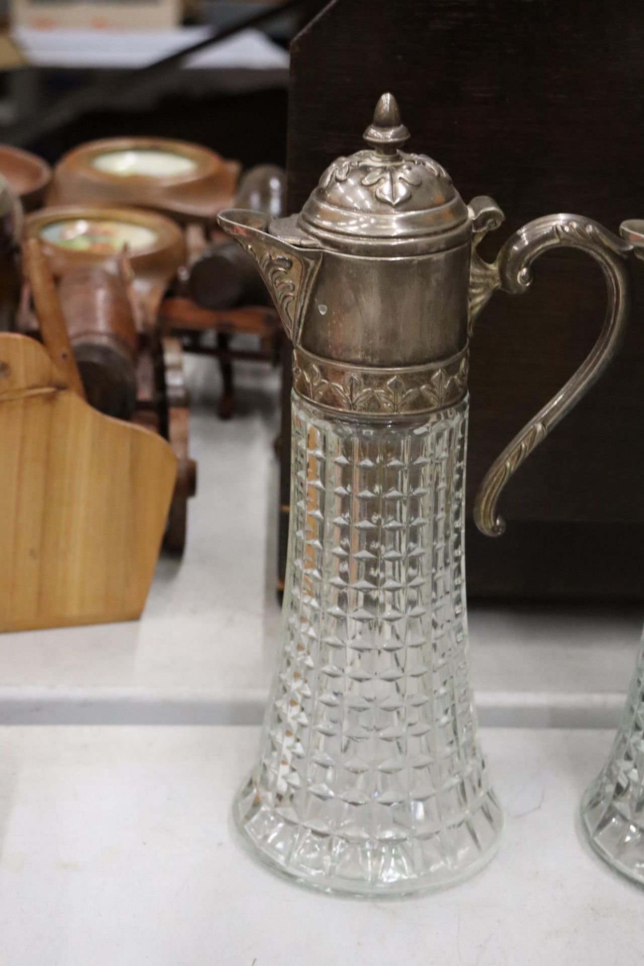 TWO VINTAGE CLARET JUGS WITH SILVER PLATED TOPS PLUS A BELL BOTTOM DECANTER MISSING FINIAL - Image 6 of 8