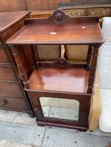 A VICTORIAN MAHOGANY TWO TIER WHAT NOT WITH MIRROR DOOR CUPBOARD TO BASE AND TURNED UPRIGHTS 24"