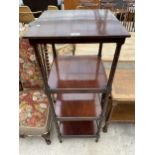 A 19TH CENTURY STYLE MAHOGANY FOUR TIER WHAT NOT ON TURNED SUPPORTS 18" SQUARE