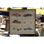 A FRAMED 'AUTOMEMORIES' MONTAGE OF VINTAGE CARS, 55CM X 53CM