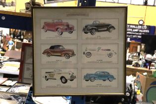 A FRAMED 'AUTOMEMORIES' MONTAGE OF VINTAGE CARS, 55CM X 53CM