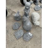 SEVEN VARIOUS CONCRETE GARDEN ORNAMENTS TO INCLUDE A GUINEA PIG, AND MICKEY MOUSE ETC