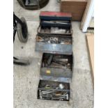 TWO METAL TOOL BOXES WITH AN ASSORTMENT OF SPANNERS AND CHISELS ETC