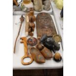 A MIXED LOT TO INCLUDE A WOLF SCULPTURE HAND MADE IN CANADA, PAIR OF DUTCH CLOGS, WOOD CARVING,