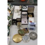 A QUANTITY OF BOXED COSTUME JEWELLERY, ETC TO INCLUDE CHAINS AND PENDANTS, A CELTIC SCARF RING,