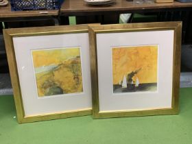 TWO GILT FRAMED PRINTS OF BOATS AND THE SEASHORE, SIGNED