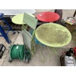 AN ASSORTMENT OF GARDEN ITEMS TO INCLUDE A HOSE REEL, FOLDING TABLES AND FOLDING CHAIRS ETC