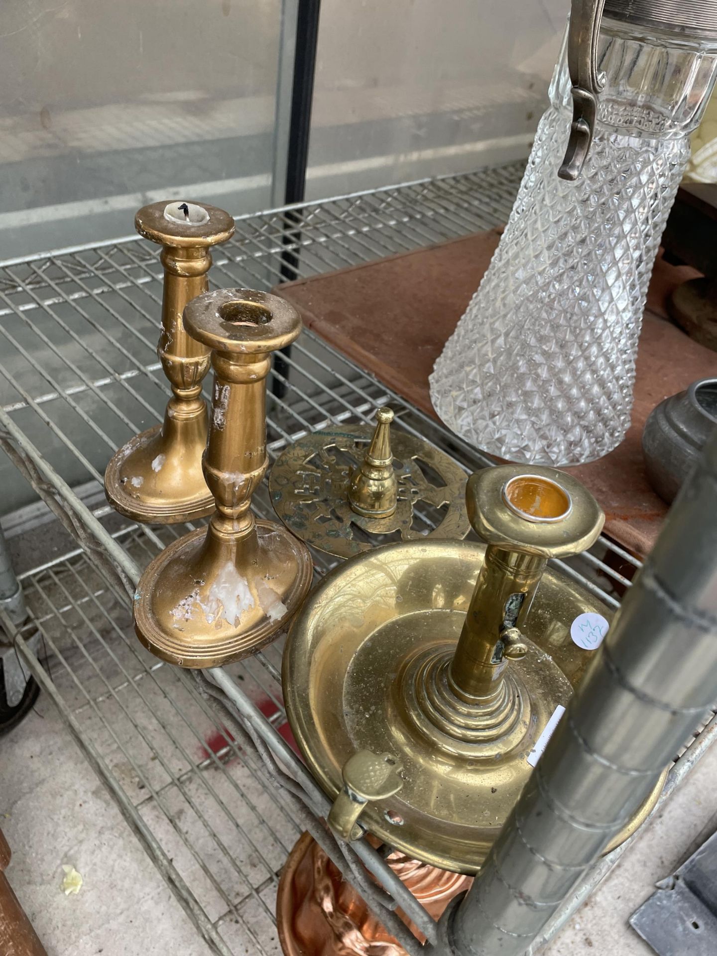 THREE BRASS CANDLESTICKS AND A FURTHER BRASS TRIVET AND CANDLE SNUFFER - Image 2 of 2