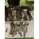 A STAINLESS STEEL TEASET TO INCLUDE A TEAPOT, COFFEE POT, HOT WATER POT, CREAM JUG, SUGAR BOWL,